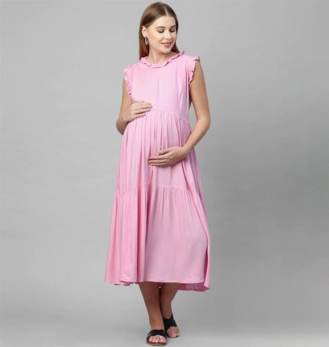 Pink A-Line Maternity Midi Nursing Dress
